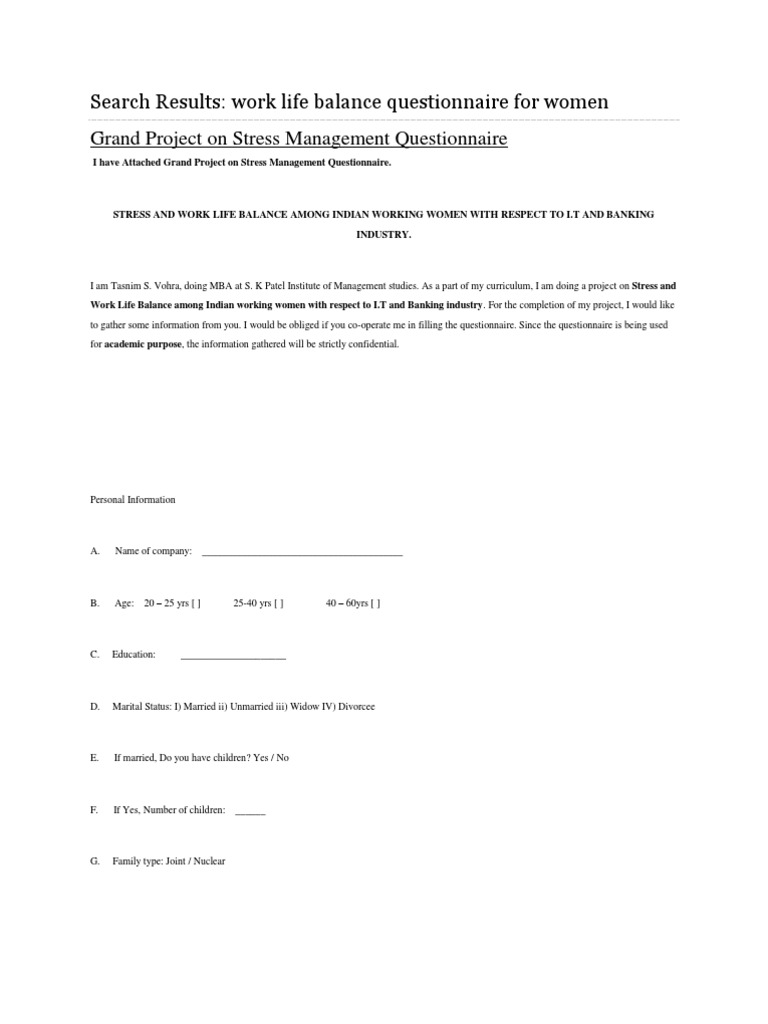 Search Results: Work Life Balance Questionnaire For Women Grand Project ...
