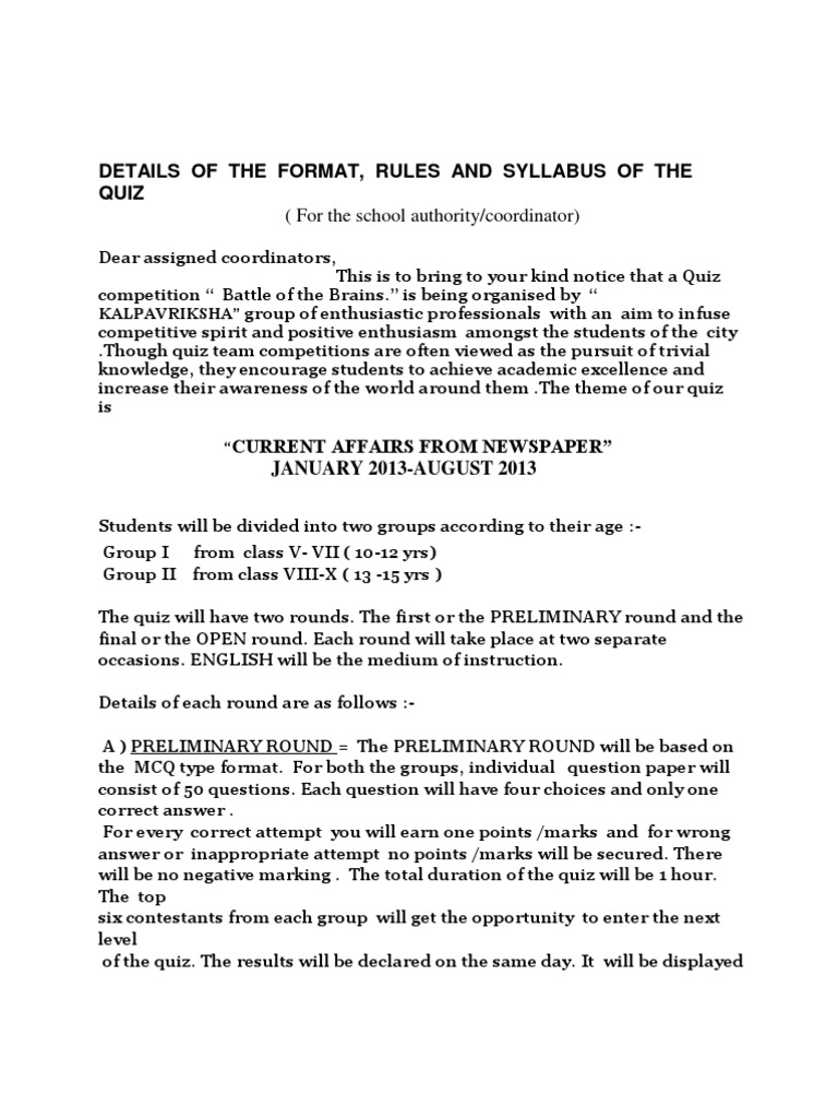Details of The Format, Rules and Syllabus of The Quiz PDF Multiple