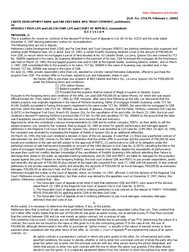 Sales Cases On The Obligations of A Vendee PDF Mortgage Law