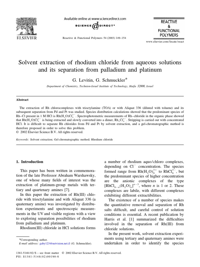 S Olvent Extraction of Rhodium Chloride From Aqueous Solutions and Its ...