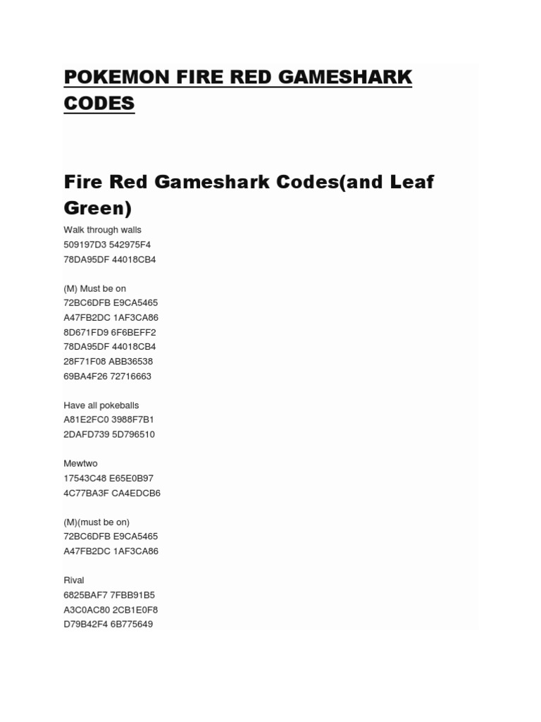 Pokemon Fire Red Gameshark Codes | PDF | Cheating In Video Games 
