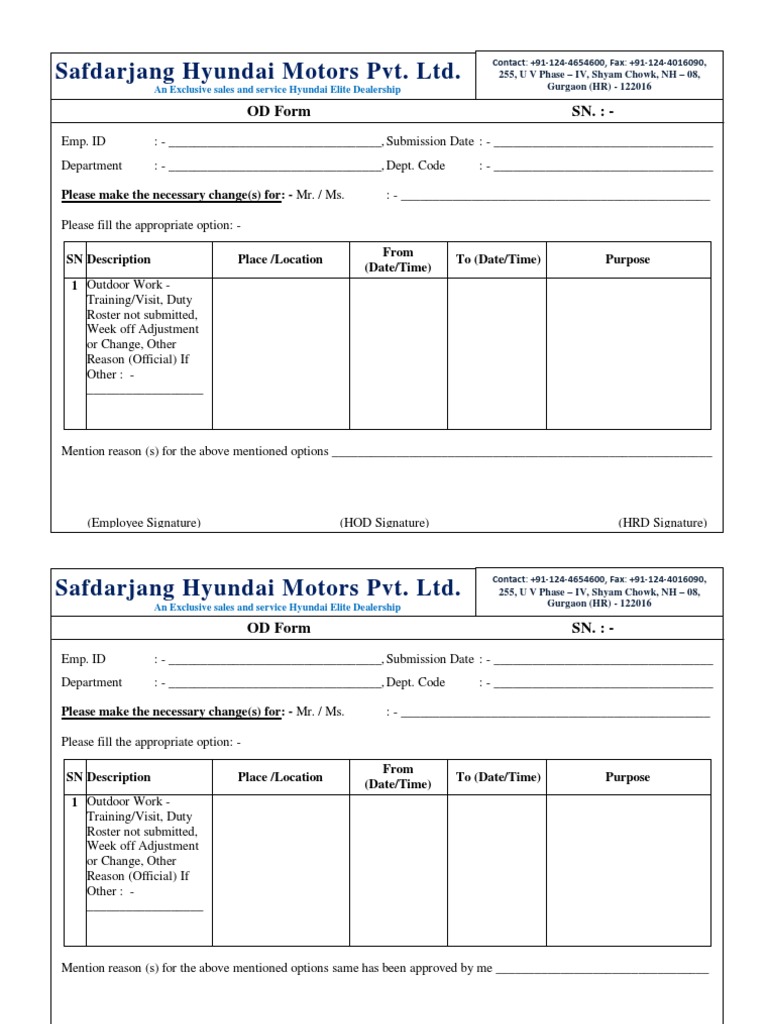 Safdarjang Hyundai Motors Pvt. LTD.: OD Form SN. | PDF | Technology ...