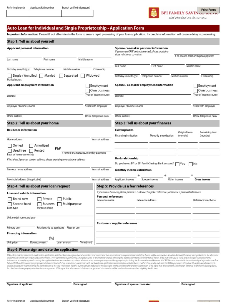 Auto Loan For Individual and Single Proprietorship - Application Form ...