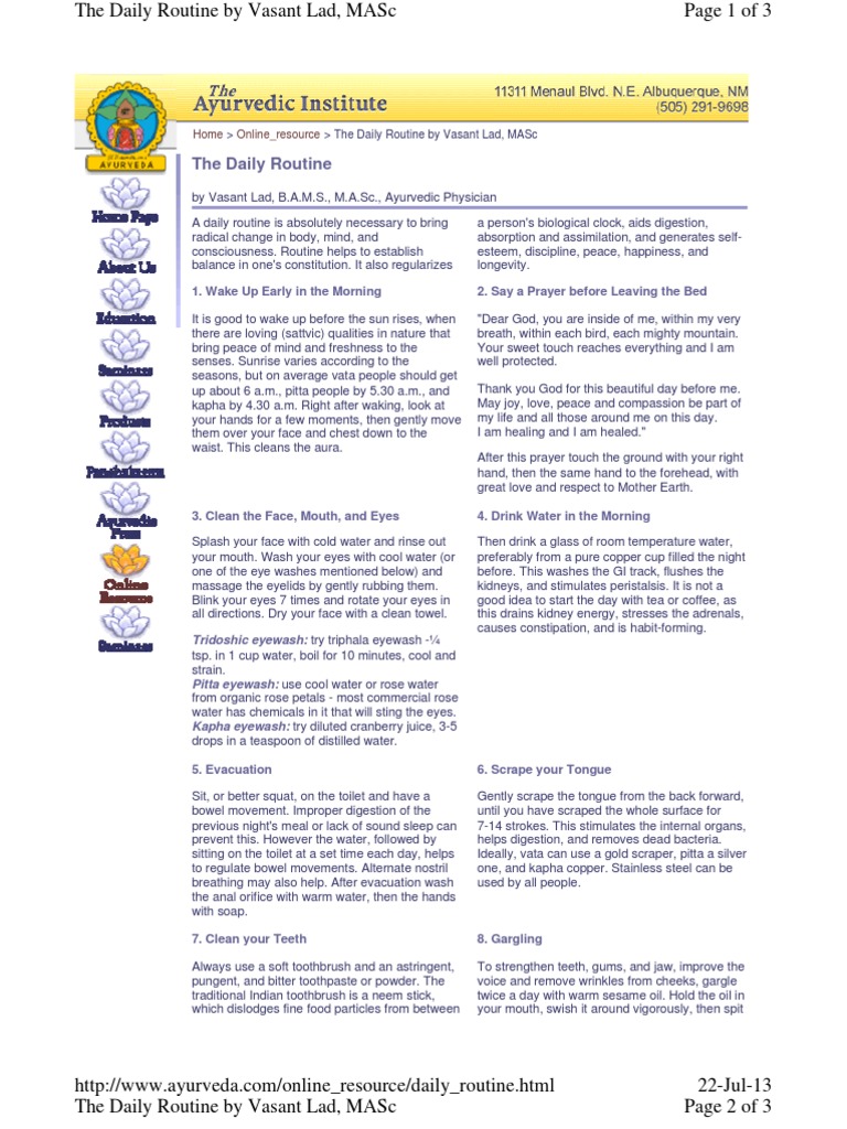 Ayurvedic Daily Routine Ayurveda Physical Exercise