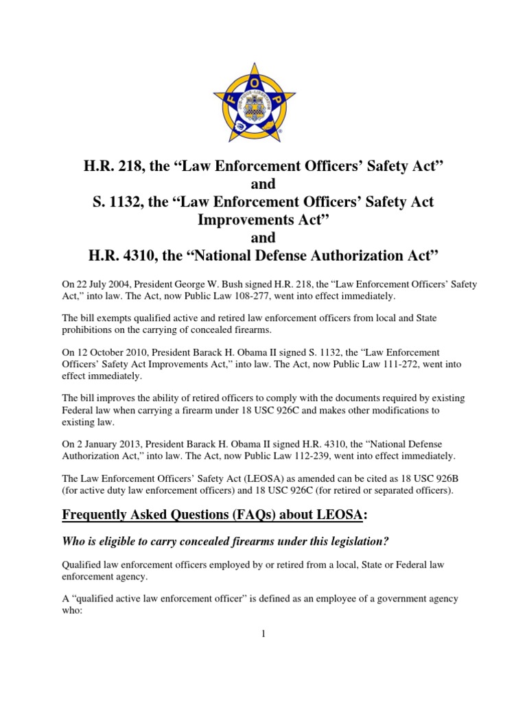 LEOSA(2Law Enforcement Officers Safety Act Frequently Asked Questions