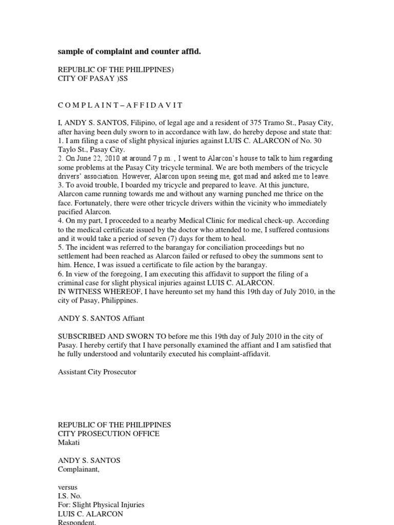 Sample of Complaint Affidavit PDF Legal Procedure Judiciaries