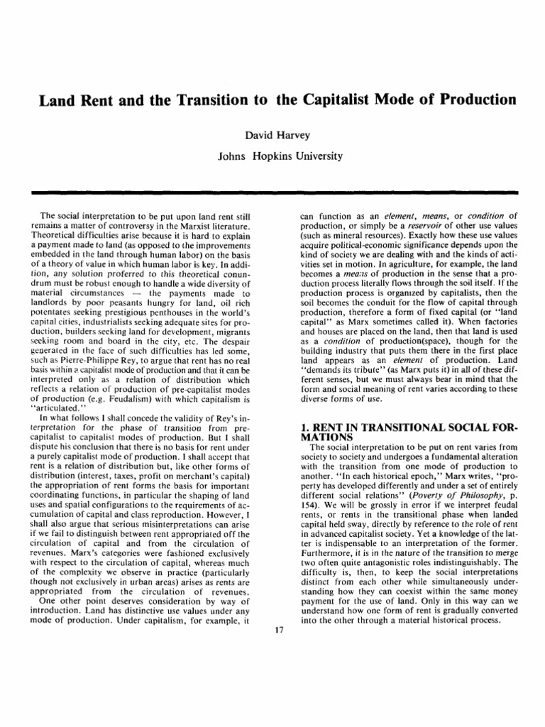 Harvey D - Land Rent and The Transition To The Capitalist Mode of ...