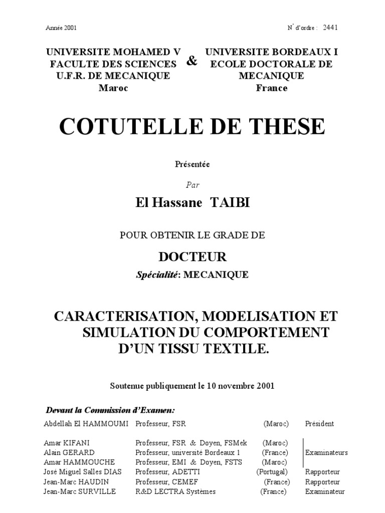 CARACTERISATION MODELISATION ET SIMULATION DU PORTEMENT D UN TISSU TEXTILE