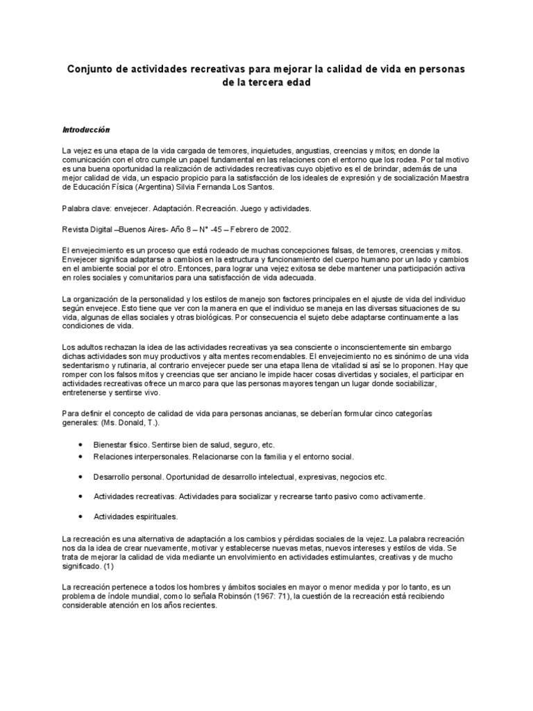 Conjunto de Actividades Recreativas para Mejorar La Calidad de Vida en ...
