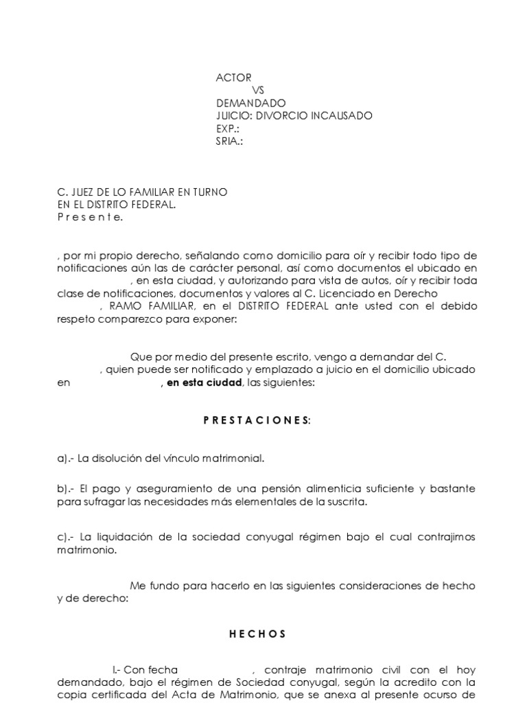 DIVORCIO INCAUSADO | Divorcio | Demanda judicial