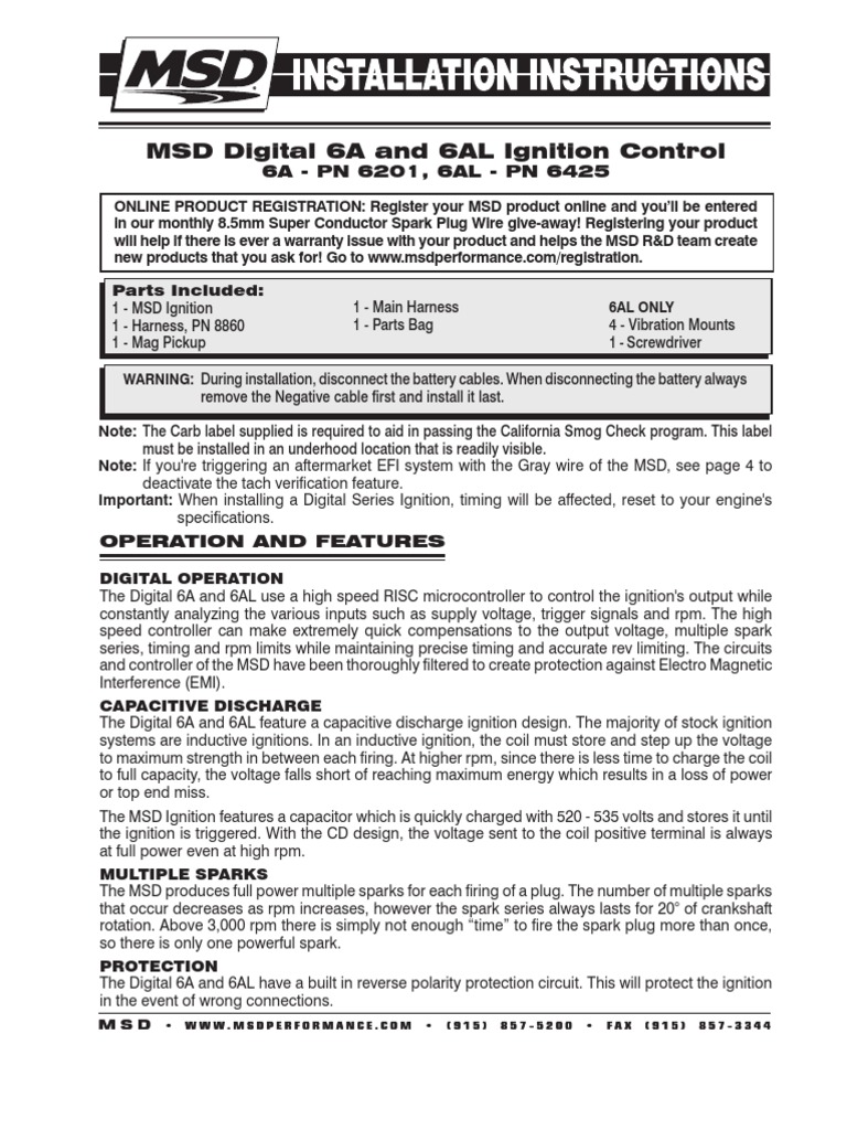 MSD Digital, 6al Ignition Control, PN 6425 PDF Ignition System