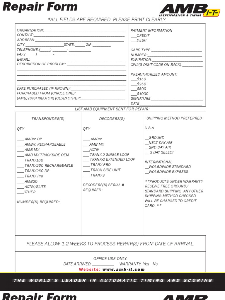 AMB Equipment Repair Form | PDF | Receipt | Credit Card