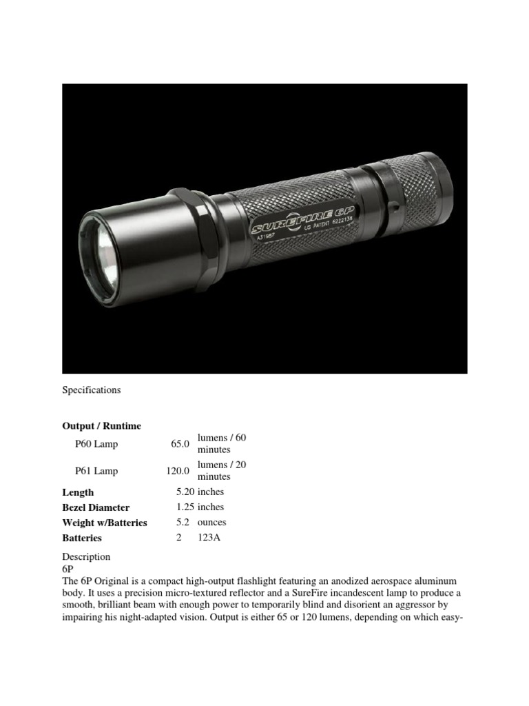 SureFire 6P Flashlight Specifications | PDF | Flashlight