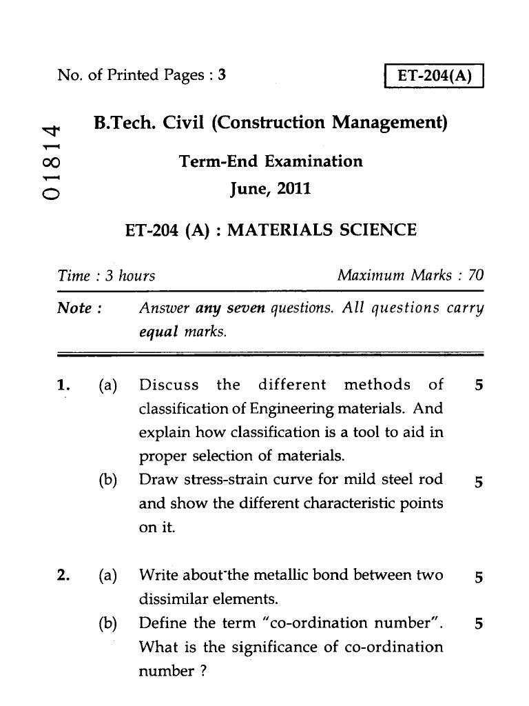 Materials Science Exam Guide for B.Tech | PDF | Science & Mathematics
