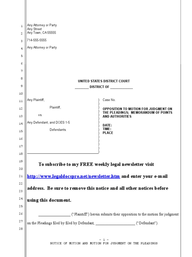 Sample Opposition to Motion for Judgment on the Pleadings in United