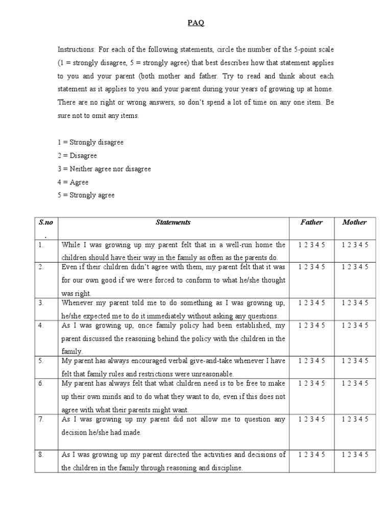 Parental Authority Questionnaire (PAQ) | PDF | Behavior | Psychological ...