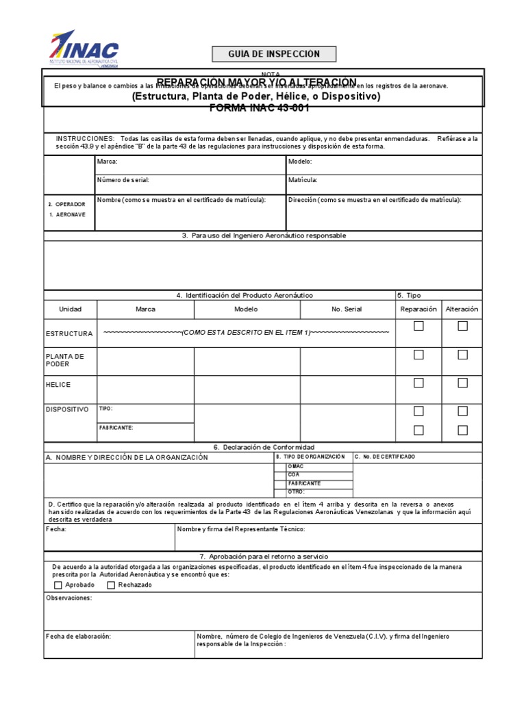 Formulario INAC 43-001 para Aeronaves | PDF