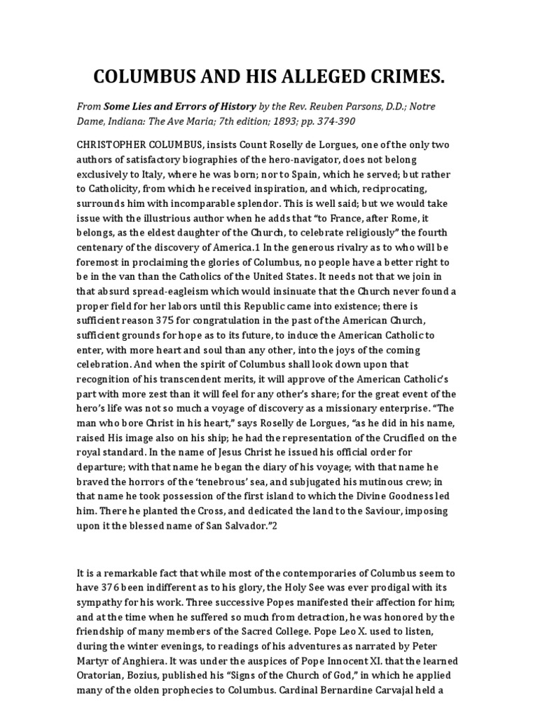 Columbus and His Alleged Crimes PDF Christopher Columbus Catholic