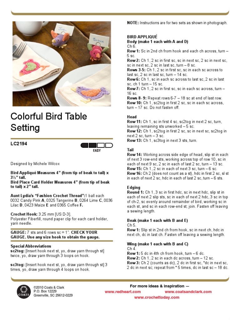 Colorful Bird Table | PDF | Crochet | Sewing