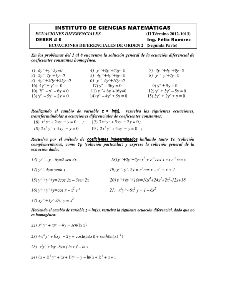 Deber 6 7 Pdf Ecuaciones Diferenciales Ecuaciones