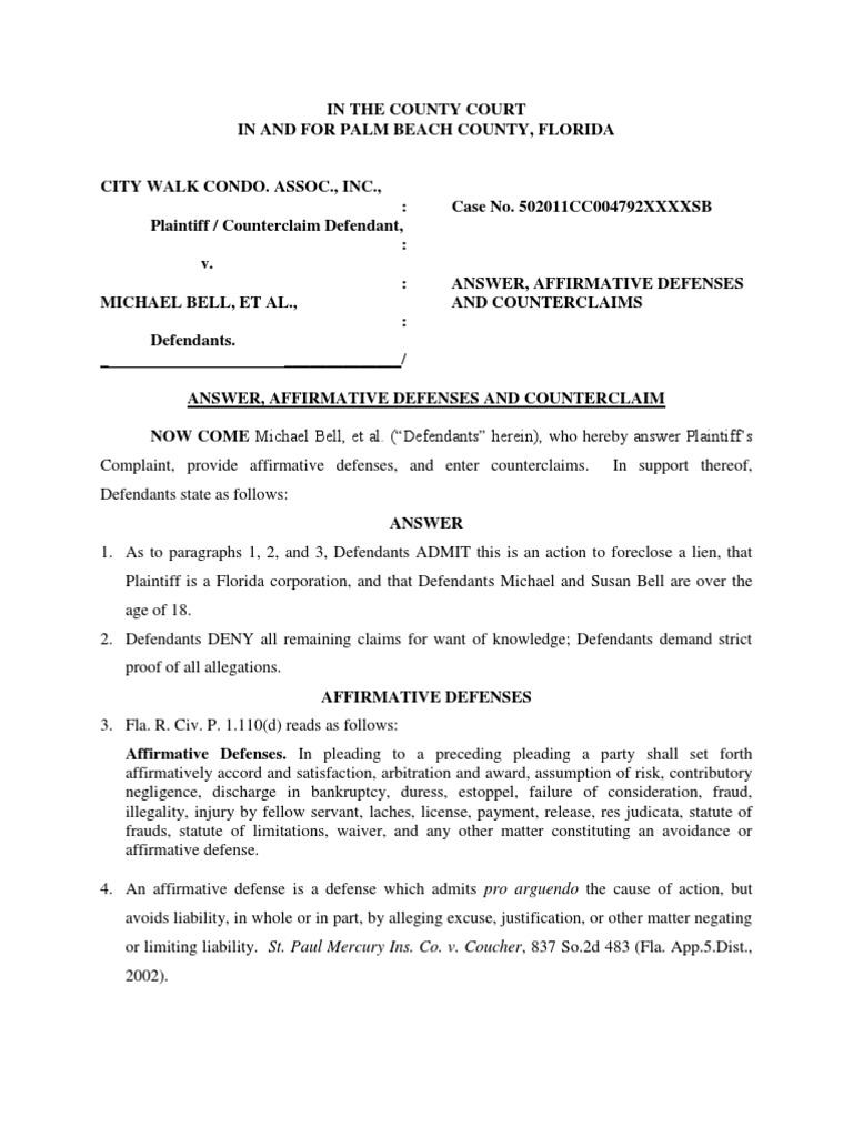 Amended Answer, Defenses, Counterclaim (Bell) Affirmative Defense
