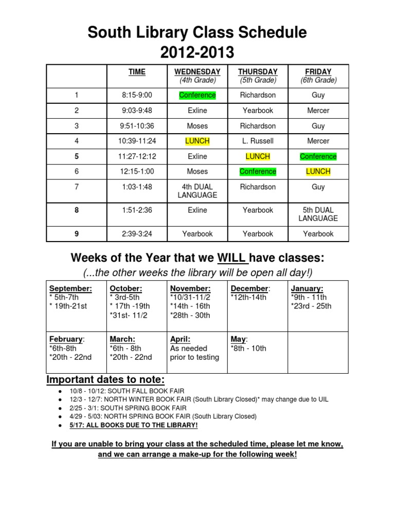 South Library Class Schedule 2012-2013 | PDF