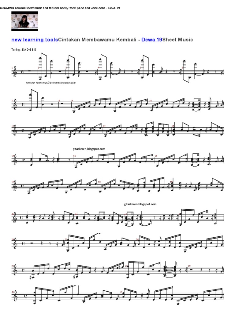 Cintakan Membawamu Kembali Sheet Music And Tabs For Honky Tonk Piano And Voice Oohs Dewa 19