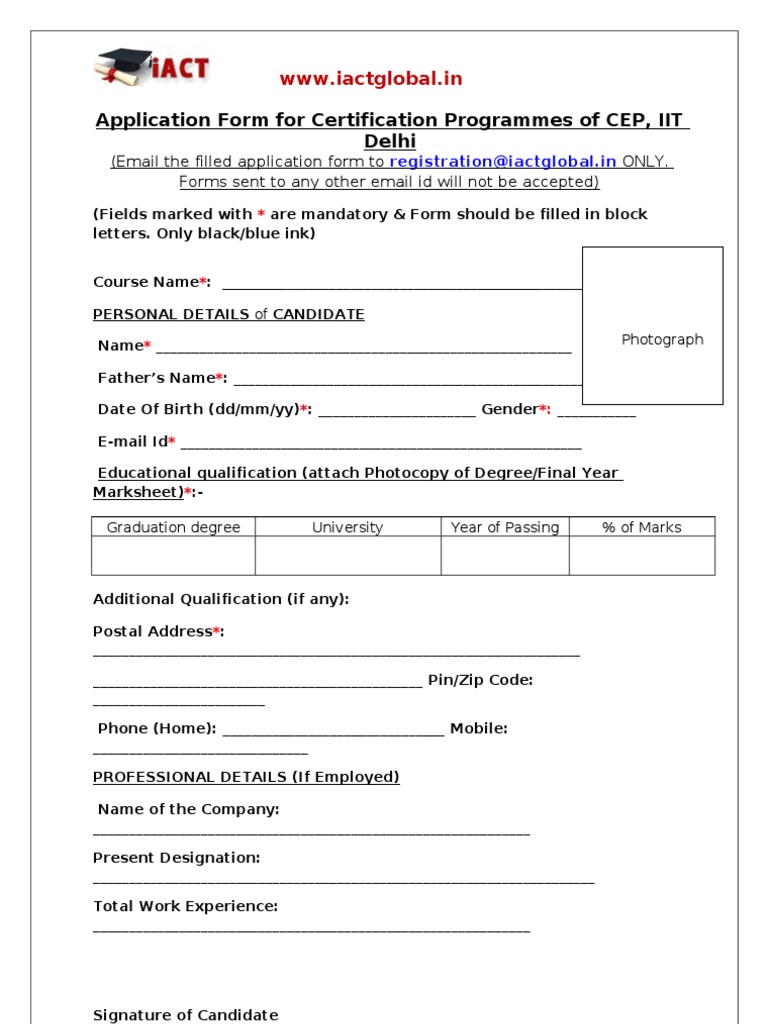 Application Form For Certification Programmes of CEP, IIT Delhi | PDF