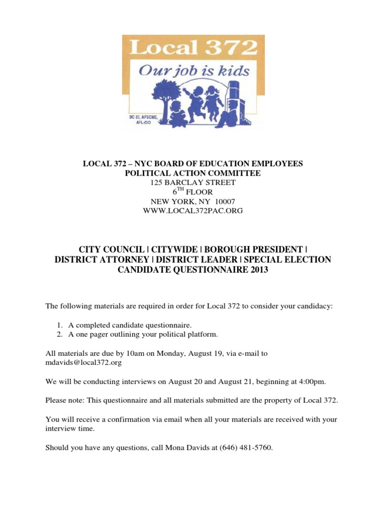 2013 NYC Candidate Questionnaire Form | PDF | Special Education ...