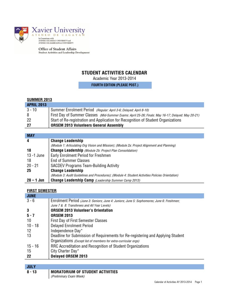 Xavier UniversityAteneo de Cagayan Calendar of Activities For AY 2013