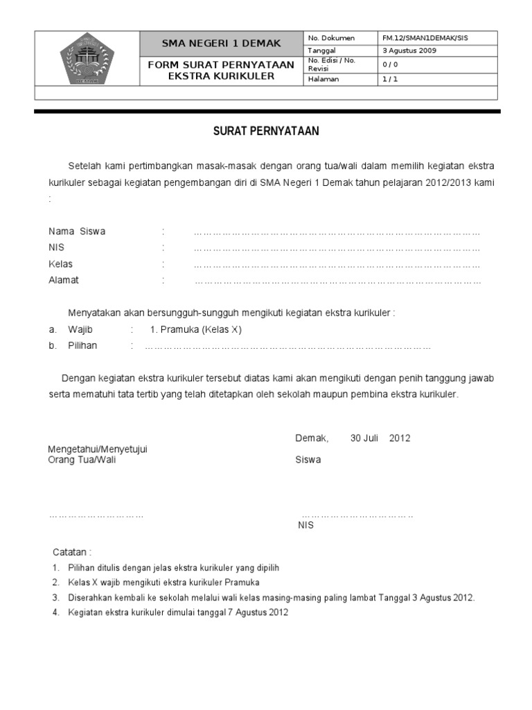 Surat Pernyataan Ekstra Kurikuler 2012