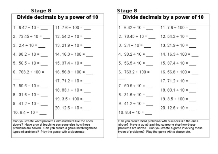 Dividing Decimals By A Power Of 10 | Pdf