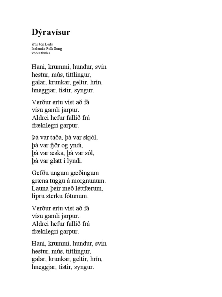Dýravísur (Icelandic Folk Song) | PDF