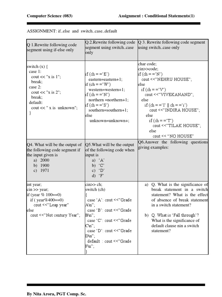 C++ Assignment If Else & Switch Case PDF
