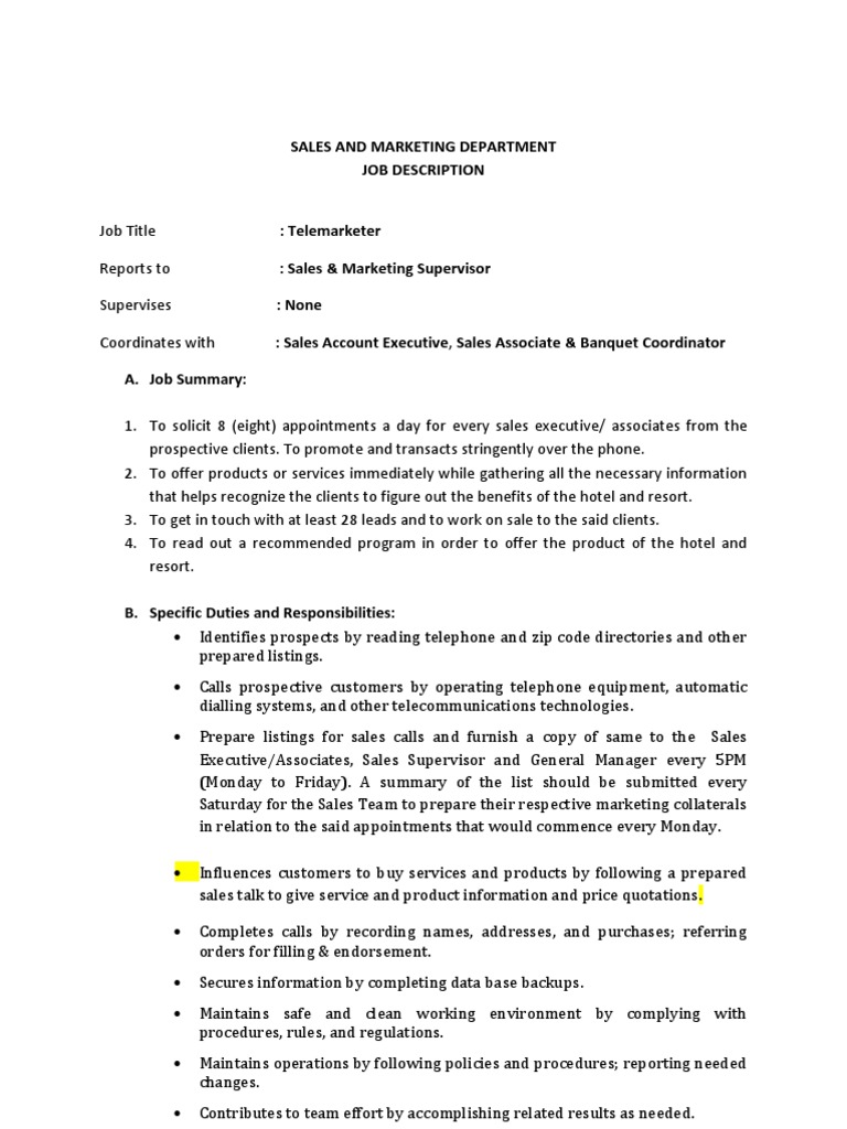 Telemarketer Job Description PDF