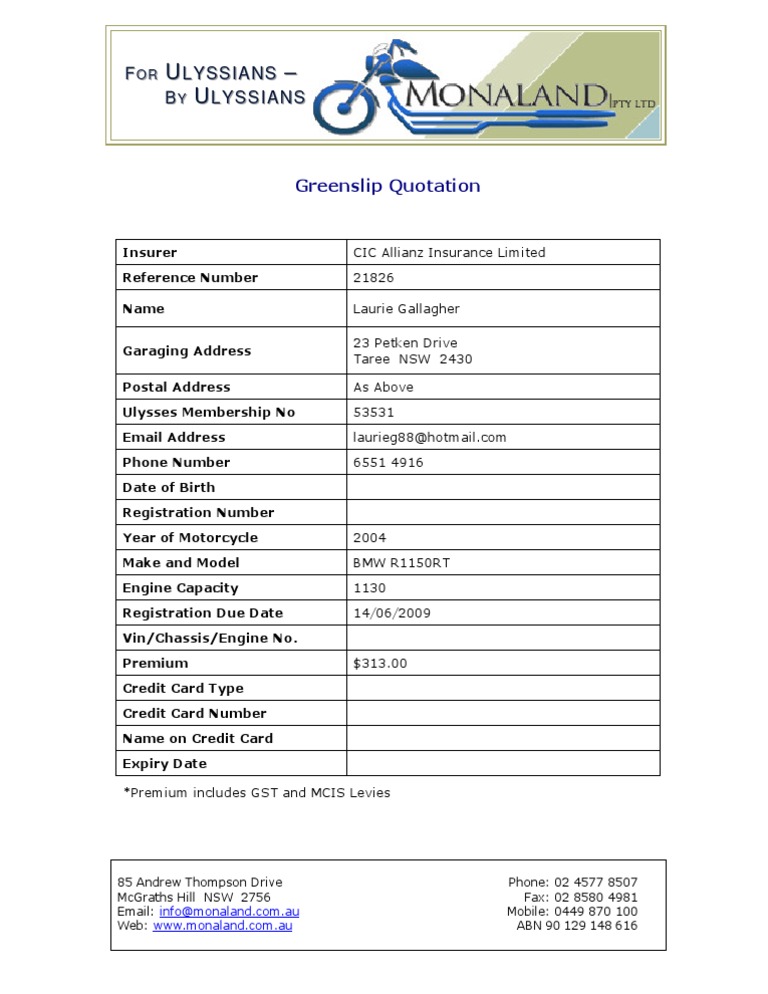 Greenslip Quotation for BMW Motorcycle | PDF