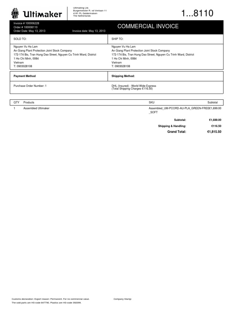 Commercial Invoice for Ultimaker Export | PDF | Business | Finance ...