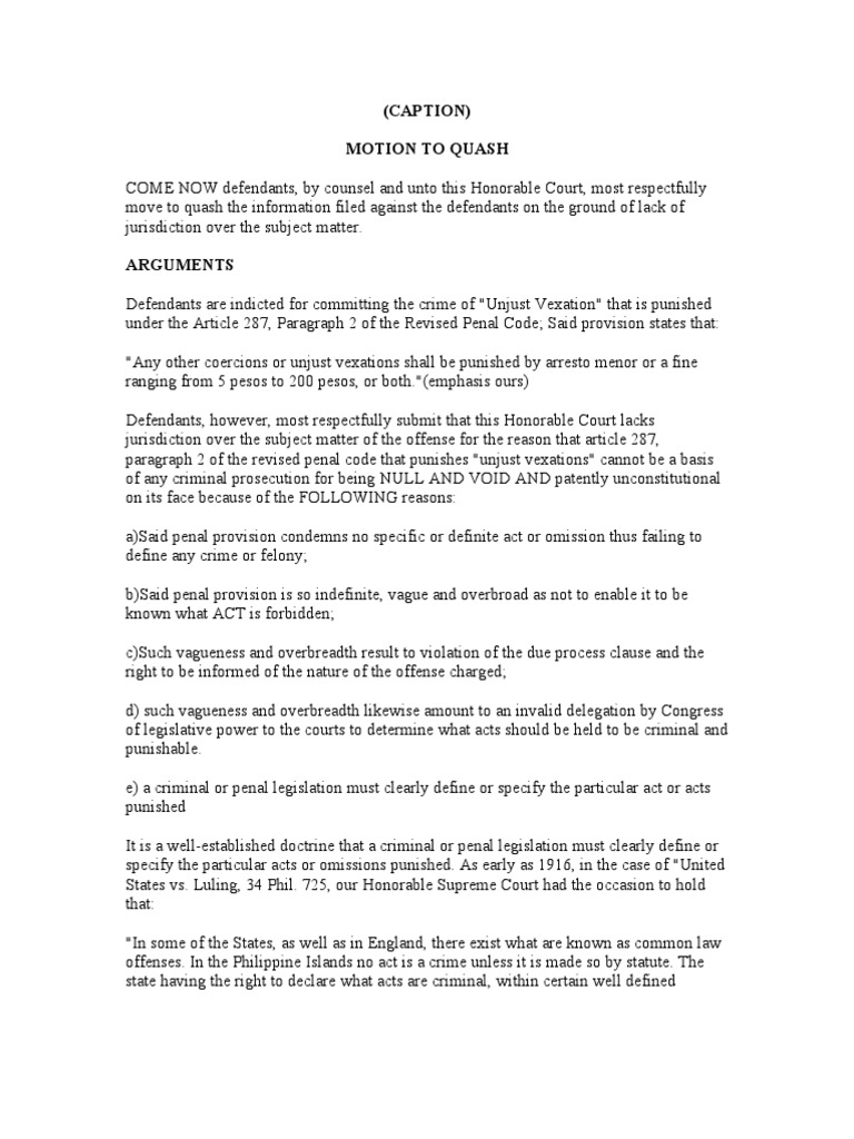 Motion To Quash Sample PDF Crime & Violence Crime Thriller