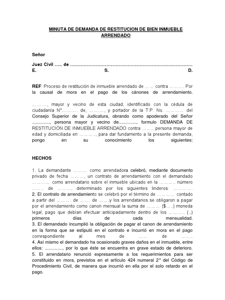 Minuta Demanda Restitucion de Inmueble Arrendado | Demanda judicial ...