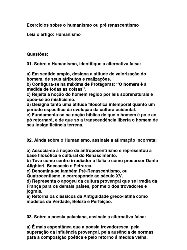 Exercícios Sobre o Humanismo Com Gabarito | PDF | Humanismo | Renascimento