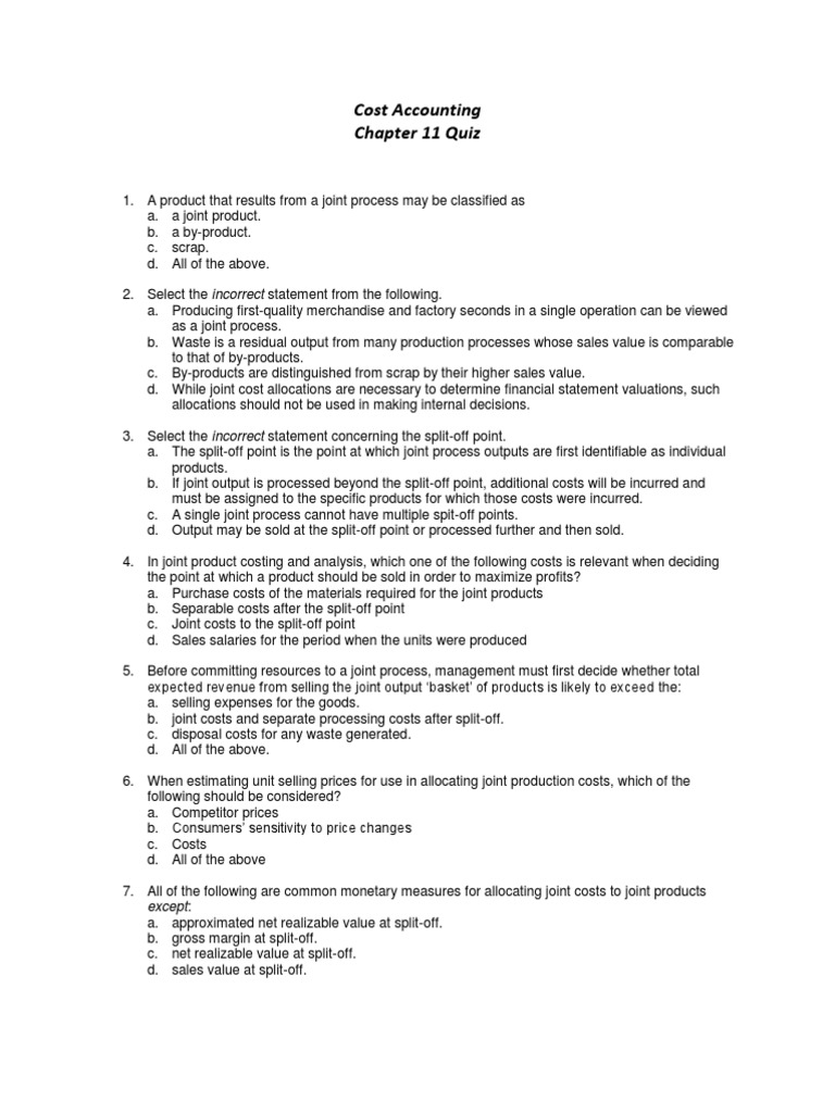 Cost Accounting Chapter 11 Quiz PDF Cost Accounting Cost