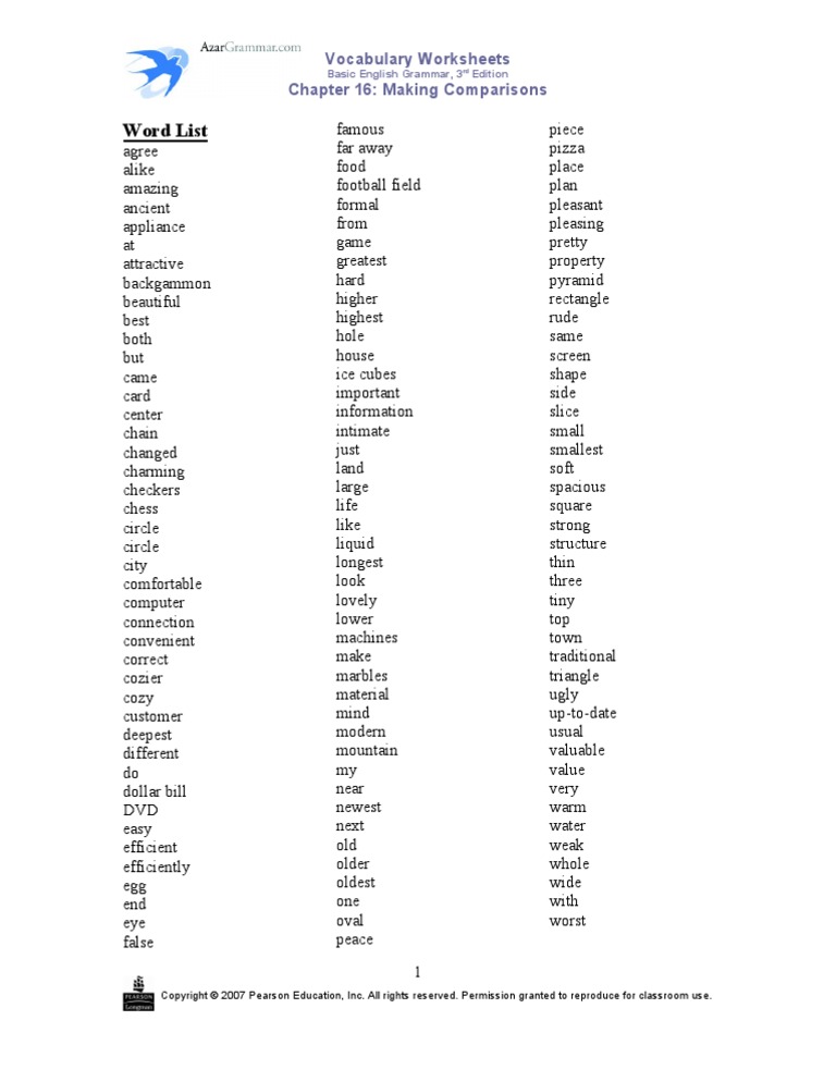 Word List: Vocabulary Worksheets Chapter 16: Making Comparisons | PDF ...