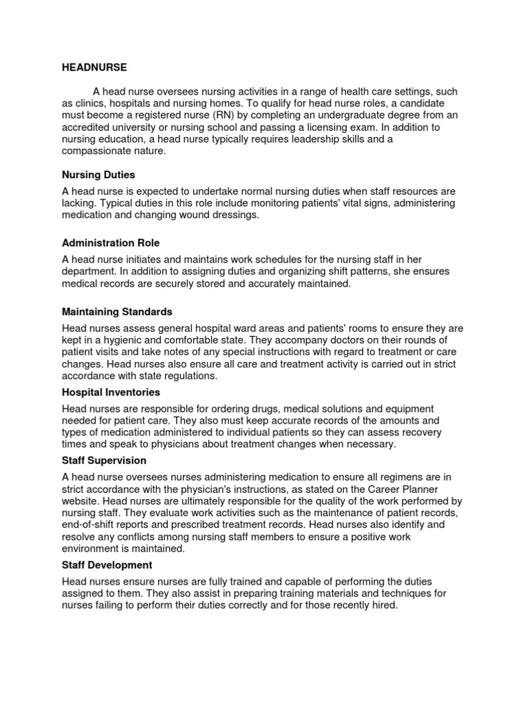 Head Nurse | Pdf | Nursing | Hospital
