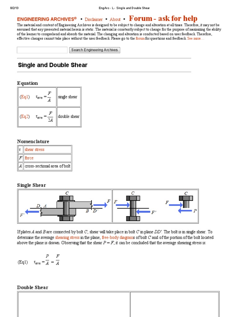 EngArc L Single and Double Shear Shear Stress Stress (Mechanics)