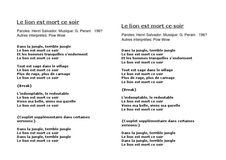 Le Lion Est Mort Ce Soir Chords Le lion est mort ce soir.doc