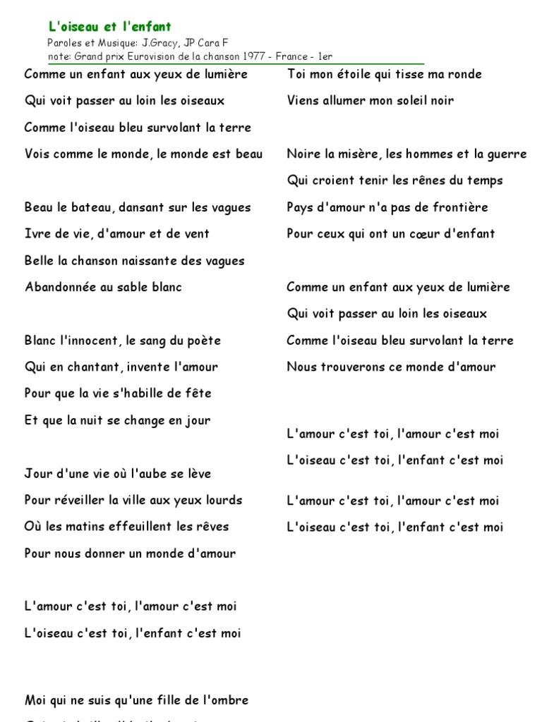 Comme Un Enfànt Au Yeux De Lumiere Paroles L'oiseau Et L'enfant | PDF
