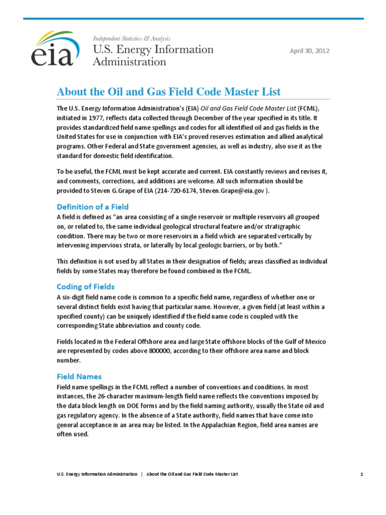 EIA Oil and Gas Field Code Master List | PDF | Petroleum | Energy ...