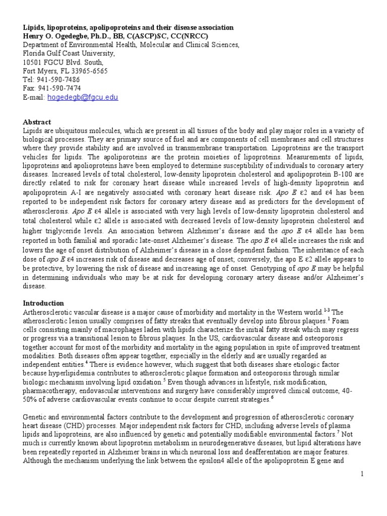 Lipids and Apolipoproteins in Disease | PDF | High Density Lipoprotein ...