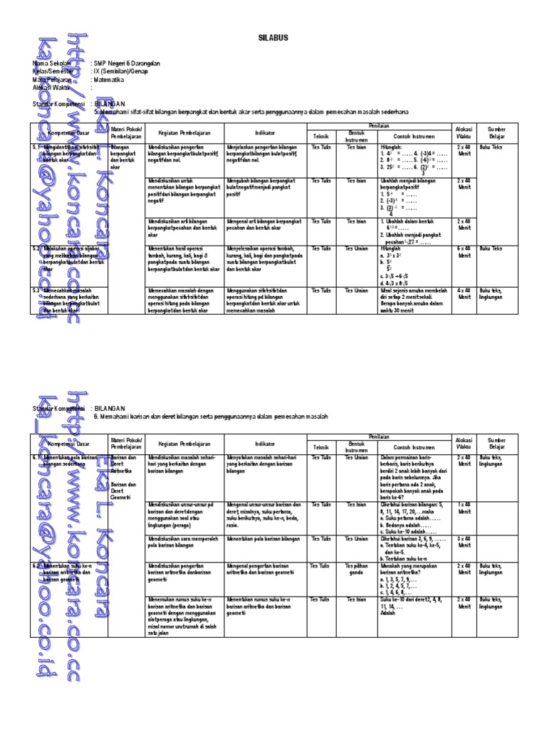 RPP Matematika Kelas 9 SMP Semester Genap