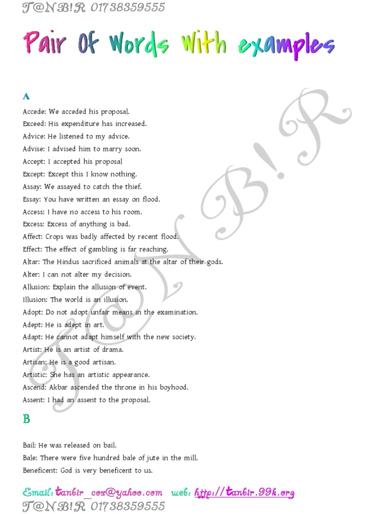 Examples of Word Pairs with Sentences | PDF